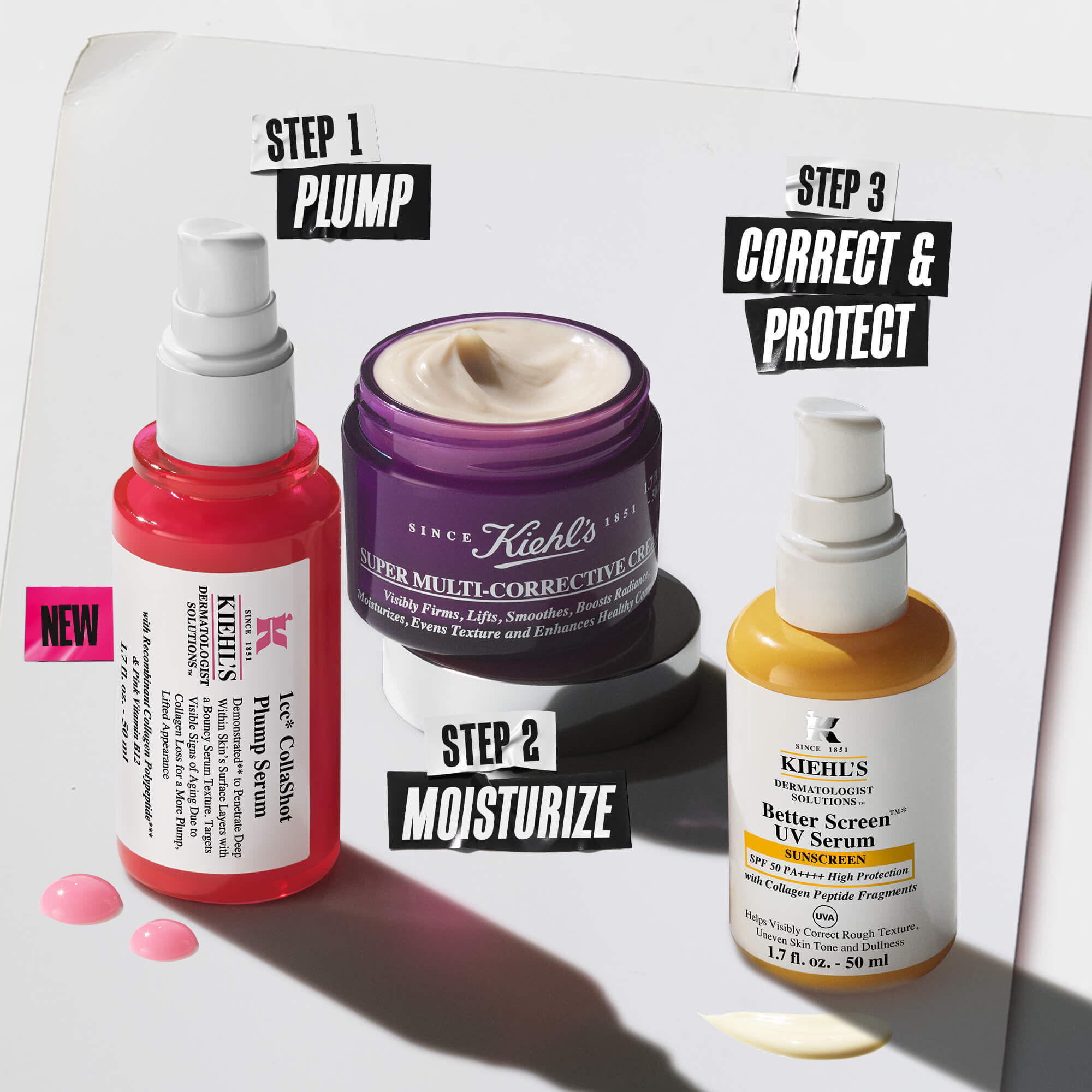 Three-step Kiehl’s skincare routine featuring red Hydro-Plumping Serum (Step 1: Plump), purple Super Multi- Corrective Cream (Step 2: Moisturize), and yellow Vitamin C Serum (Step 3: Correct & Protect). Includes product texture drops.​