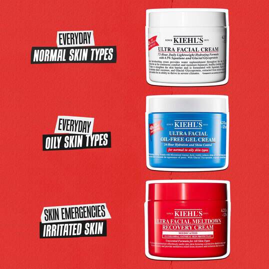 Red jar of Kiehl’s Ultra Facial Meltdown Recovery Cream, a lightweight medicated facial cream designed to comfort, hydrate, and help repair extremely dry and sensitive skin