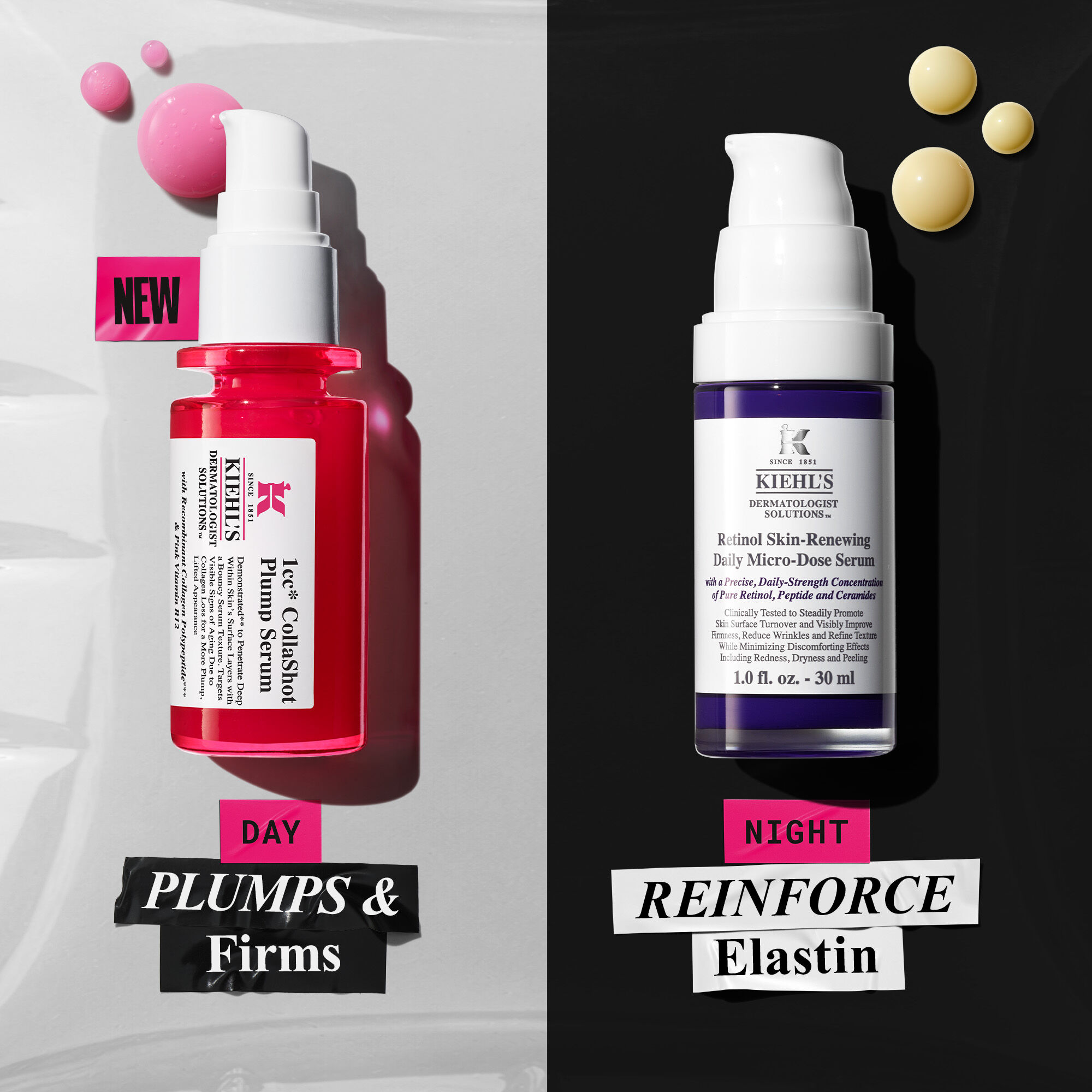 Split-screen promotion: Kiehl’s red Hydro-Plumping Serum for "Day" (90% agree skin looks plumper) and blue Fast Release Retinol for "Night" (100% showed reduced wrinkles). Includes serum texture drops.​
