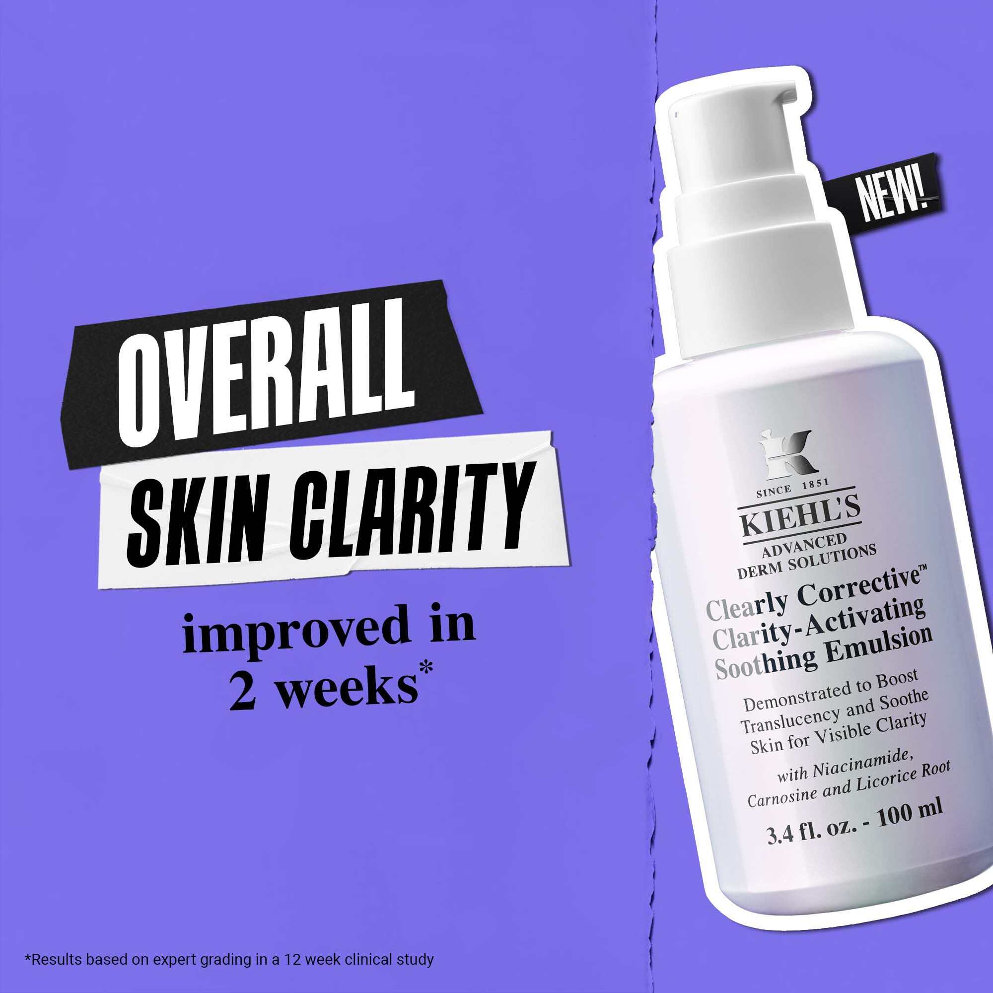 Kiehl’s Emulsion  bottle with New! Text and +XX% Overall Clarity in One Week claim