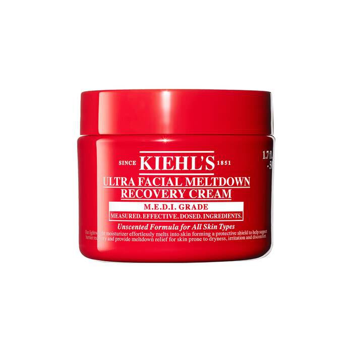 Red jar of Kiehl’s Ultra Facial Meltdown Recovery Cream Whip, 50ml size, showing a whipped cream texture.
